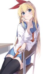 1girl black_thighhighs blonde_hair blue_eyes blue_sailor_collar blue_skirt blush bonyari_high_school_uniform chair closed_mouth collarbone commentary desk feet_out_of_frame hair_between_eyes hair_ribbon hand_on_own_cheek hand_on_own_face hand_up head_rest highres kirisaki_chitoge leaning_on_object light_smile long_hair looking_at_viewer necktie nisekoi on_chair orange_necktie red_ribbon ribbon sailor_collar school_chair school_desk school_uniform shirt sidelocks simple_background sitting skirt sleeves_past_elbows solo thighhighs white_background white_shirt yanagi_marie zettai_ryouiki rating:Sensitive score:17 user:danbooru