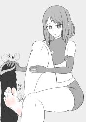  1girl barefoot boots breasts cleavage elbow_gloves feet gloves highres j-kisarazu leg_up monochrome parted_lips shoes unworn_shoes sitting smell soles steam toes  rating:Sensitive score:24 user:ssfl