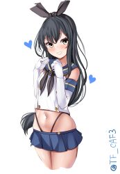  1girl ahoge black_hair black_hairband black_neckerchief black_panties blue_sailor_collar blue_skirt blush commentary_request cosplay cowboy_shot crescent_moon crop_top elbow_gloves gloves hairband heart highleg highleg_panties highres kantai_collection long_hair looking_at_viewer microskirt mikazuki_(kancolle) moon navel neckerchief panties sailor_collar shimakaze_(kancolle) shimakaze_(kancolle)_(cosplay) skirt solo striped tf_cafe thong twitter_username underwear white_background white_gloves yellow_eyes 