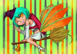  1girl :d backpack bag broom fuu_(naruto) green_hair hat looking_at_viewer naruto_(series) naruto_shippuuden open_mouth orange_eyes sitting sketch smile solo tagme touka002302 v wings wink witch_hat  rating:Sensitive score:3 user:cax