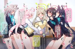  5girls absurdres animal_ears black_hair blue_archive blue_halo blue_scarf breasts censored clothed_sex eichan_(eichanidfi) futa_with_female futa_with_futa futanari glasses grabbing grabbing_another&#039;s_breast green_halo grey_hair group_sex halo highres holding_another&#039;s_hand hoshino_(blue_archive) large_breasts long_hair love_train lucky_pierre medium_breasts mosaic_censoring multiple_girls nonomi_(blue_archive) penis pink_hair sandwiched scarf serika_(blue_archive) sex sex_from_behind shiroko_(blue_archive) shirt short_hair speech_bubble standing thighs translation_request twintails white_shirt yuri 