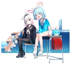  2girls arona_(blue_archive) backpack bag bare_legs black_choker black_coat black_eyes black_footwear black_hairband black_pantyhose black_sailor_collar black_serafuku black_shirt black_skirt blue_archive blue_eyes blue_hair blue_pupils blue_shirt blush bow_hairband braid choker closed_mouth coat collarbone colored_inner_hair commentary_request desk footwear_ribbon full_body hair_over_one_eye hair_ribbon hairband halo heart heart_halo highres light_blue_hair loafers long_hair long_sleeves looking_at_viewer mannack miniskirt mismatched_pupils multicolored_hair multiple_girls neckerchief on_desk on_table open_mouth pantyhose pink_hair plana_(blue_archive) pleated_skirt puffy_long_sleeves puffy_sleeves red_bag red_halo red_pupils ribbon sailor_collar sailor_shirt school_desk school_uniform serafuku shirt shoes short_hair side_braid single_braid sitting sitting_on_table skirt smile sneakers stuffed_toy stuffed_whale table teeth two-tone_hair upper_teeth_only very_long_hair white_footwear white_hair white_hairband white_neckerchief white_ribbon white_sailor_collar white_skirt 