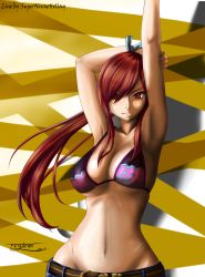  1girl absurdres arm_behind_head arm_up artist_name belt bikini blush breasts cleavage erza_scarlet fairy_tail highres large_breasts long_hair lowleg midriff navel ponytail red_eyes red_hair sidelocks standing swimsuit tenlann underboob  rating:Questionable score:17 user:Diaoul