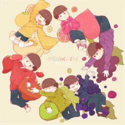  6+boys :3 apple bowl_cut brothers brown_hair closed_eyes copyright_name dated food frown fruit grapes green_eyes half-closed_eyes heart heart_in_mouth highres hood hoodie kiwi_(fruit) kiwi_slice long_sleeves looking_to_the_side male_focus matsuno_choromatsu matsuno_ichimatsu matsuno_jyushimatsu matsuno_karamatsu matsuno_osomatsu matsuno_todomatsu messy_hair multiple_boys open_mouth orange_(fruit) orange_slice osomatsu-san osomatsu_(series) pants pink_eyes ponponzutea purple_eyes red_eyes shoes short_hair shorts siblings slippers smile sneakers strawberry sweat typo yellow_eyes 