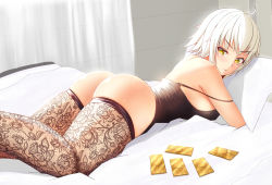  1girl :t ass bad_id bad_pixiv_id black_thighhighs bottomless camisole fate/grand_order fate_(series) highres indoors jeanne_d&#039;arc_(fate) jeanne_d&#039;arc_alter_(avenger)_(fate) jeanne_d&#039;arc_alter_(fate) lace lace_legwear looking_back lying nekoda_(maoda) hugging_object on_bed on_stomach photo-referenced pillow pillow_hug see-through see-through_legwear short_hair solo strap_slip thighhighs thighs white_hair yellow_eyes  rating:Questionable score:88 user:danbooru