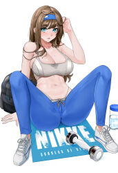  1girl aqua_eyes arm_support bare_shoulders black_bag blue_hairband blue_pants blush bottle breasts brown_hair cleavage collarbone commentary dumbbell full_body goddess_of_victory:_nikke hair_between_eyes hairband hand_up highres large_breasts logo long_hair looking_at_viewer m_legs midriff mole mole_on_breast navel noir_(4chan) open_mouth pants rumani_(nikke) shadow shake_weight shoes sidelocks sitting sneakers solo sports_bra sweat water_bottle wet wet_clothes white_background white_footwear white_sports_bra yoga_pants 