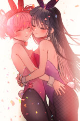  2girls akemi_homura animal_ears arms_around_waist bare_arms bare_shoulders black_hair black_pantyhose blush bow bowtie breasts closed_eyes closed_mouth confetti cowboy_shot detached_collar facing_viewer fake_animal_ears fake_tail fishnet_pantyhose fishnets from_side hair_between_eyes hair_ribbon hairband heads_together highres hug kaname_madoka leotard light_smile long_hair mahou_shoujo_madoka_magica mahou_shoujo_madoka_magica_(anime) multiple_girls pantyhose pink_hair pink_leotard playboy_bunny purple_leotard rabbit_ears rabbit_tail red_bow red_bowtie red_leotard red_ribbon ribbon satou_akira_(artist) short_hair short_twintails simple_background small_breasts smile standing strapless strapless_leotard tail twintails white_background wrist_cuffs yuri 