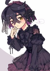  1boy black_bow black_dress black_hair bow closed_mouth colored_inner_hair creatures_(company) crossdressing crossed_bangs dress frilled_dress frills game_freak hair_between_eyes hair_bow hairband kieran_(pokemon) leaning_forward lolita_fashion lolita_hairband long_sleeves looking_at_viewer male_focus mitorizu_02 mole mole_on_neck multicolored_hair nintendo pokemon pokemon_sv purple_hair short_hair solo sweatdrop thought_bubble trap two-tone_hair yellow_eyes  rating:General score:0 user:ImWastingMyLife