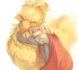  1boy ^_^ ace_(fft-0) blonde_hair cape chocobo closed_eyes final_fantasy final_fantasy_type-0 habbitrot hug simple_background square_enix white_background 