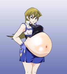  1girl _hirt belly black_theme blonde_hair blue_gloves blue_skirt breasts brown_eyes brown_hair fat fingerless_gloves gloves highres large_breasts long_hair navel open_clothes open_vest pregnant shirt skirt sleeveless solo stuffing tenjouin_asuka vest weight_gain yu-gi-oh! yu-gi-oh!_arc-v yu-gi-oh!_gx  rating:Questionable score:20 user:HaraFutoru