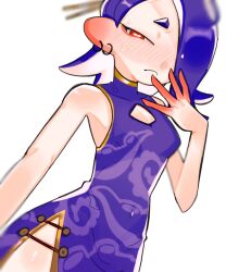  1girl blue_hair blush bright_pupils chinese_clothes cleavage_cutout clothing_cutout covered_navel cowboy_shot dutch_angle ear_piercing fangs frown hair_over_one_eye hand_to_own_mouth naq9dokisirtaor nintendo piercing red_eyes shiver_(splatoon) side_slit solo splatoon_(series) splatoon_3 sweat tentacle_hair white_background white_pupils 