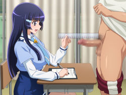 1boy 1girl :d aoki_reika blush breasts censored chair clipboard clothes_lift clothes_pull desk erection gym_uniform hair_ornament highres large_breasts lifting_own_clothes long_hair male_pubic_hair measuring mosaic_censoring necktie open_mouth pants pants_pull pen penis penis_measuring precure pubic_hair purple_eyes purple_hair ruler school_uniform shirt_lift sitting smile smile_precure! solo_focus tedain testicles rating:Explicit score:195 user:danbooru