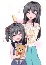  2girls :d ^_^ bare_shoulders black_hair brush burn_scar closed_eyes collarbone hugging_doll dorei_to_no_seikatsu_~teaching_feeling~ closed_eyes hair_ornament hairclip hairdressing happy if_they_mated long_hair mother_and_daughter multiple_girls musical_note hugging_object aged_up open_mouth scar side_ponytail simple_background skirt smile stuffed_animal stuffed_toy sylvie_(dorei_to_no_seikatsu) takahiko teddy_bear  rating:Sensitive score:27 user:danbooru