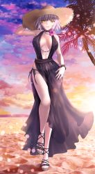 1girl alternate_costume beach breasts choker cleavage cloud fate/grand_order fate_(series) flower_choker from_below hand_on_own_hip hat highres holding holding_clothes holding_hat jeanne_d&#039;arc_(fate) jeanne_d&#039;arc_alter_(avenger)_(fate) jeanne_d&#039;arc_alter_(fate) large_breasts ocean omizu_(omz) palm_tree panties sand sandals see-through side-tie_panties sky solo spread_legs standing standing_on_one_leg straw_hat thighs tree underwear water rating:Questionable score:21 user:danbooru
