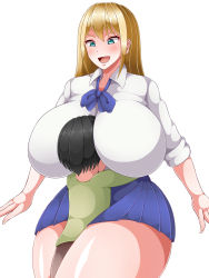 1boy 1girl age_difference between_breasts black_hair blush breast_smother breasts face_to_breasts head_between_breasts hug huge_breasts open_mouth senwamu shota simple_background smile standing white_background rating:Questionable score:63 user:Manwe