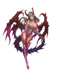  1girl akasha_(chaos_heroes_online) akasha_(chaos_online) armor artist_request bare_shoulders bikini_armor blonde_hair breasts chaos_online cleavage colored_skin contrapposto curly_hair curvy demon_girl demon_horns demon_tail demon_wings forehead_protector gauntlets hip_focus horns jewelry large_breasts long_hair midriff navel necklace official_art pointy_ears red_eyes red_skin solo standing tail thick_thighs thighs vambraces wide_hips wings  rating:Questionable score:40 user:danbooru