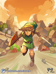  1boy absurdres armos artist_name belt boots brown_footwear cliff cloud commentary creature determined english_commentary foliage full_body green_hat green_tunic hat highres holding holding_shield holding_sword holding_weapon horns leever light_brown_hair link looking_at_viewer male_focus medium_hair mountain nintendo octorok one-eyed orlek outdoors patreon_username peahat pointy_ears pointy_hat redrawn rock running running_towards_viewer shield sidelocks sky solo_focus spikes sun sword tentacles the_legend_of_zelda water waterfall weapon 