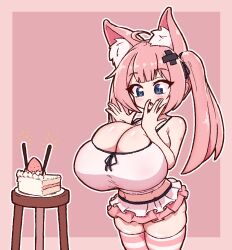  1girl :o ahoge animal_ear_fluff animal_ears blue_eyes blush borrowed_character breasts breasts_squeezed_together bursting_breasts cake camisole cat_ears cat_girl cleavage food highres huge_breasts long_hair masked_agent microskirt midriff molly_(type_moll) oppai_loli original pink_background pink_hair shortstack simple_background skirt solo striped_clothes striped_thighhighs thighhighs twintails zettai_ryouiki 