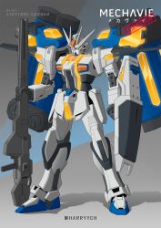  artist_name character_name commentary commission english_commentary full_body gun gundam gundam_seed harryych highres holding holding_gun holding_shield holding_weapon looking_ahead mecha mixed-language_commentary mobile_suit orange_eyes original robot science_fiction shadow shield standing v-fin weapon 