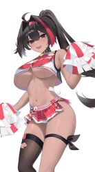  1girl absurdres ahoge bay_(nikke) black_hair black_thighhighs breasts brown_eyes cheerleader collar crop_top dark-skinned_female dark_skin eevyart facial_tattoo goddess_of_victory:_nikke hair_intakes hairband highres large_breasts long_hair mole mole_on_breast mole_on_stomach mole_under_eye mole_under_mouth multicolored_hair navel pom_pom_(cheerleading) ponytail red_hair red_shirt red_skirt shirt simple_background single_thighhigh skirt solo spiked_collar spikes star_tattoo streaked_hair sweat tattoo thigh_straptorn_thighhighs thighhighs underboob white_background 