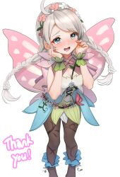 1girl absurdres ahoge blue_eyes braid breasts butterfly_wings capelet cleavage commission commissioner_upload fairy_wings fire_emblem fire_emblem_fates fire_emblem_heroes flower got0_naisho gradient_clothes green_bracelet grey_hair hair_vines hairband hands_on_own_face highres insect_wings leaf_bracelet long_hair low_twin_braids low_twintails medium_breasts nina_(fire_emblem) nina_(resplendent)_(fire_emblem) nintendo non-web_source official_alternate_costume open_mouth parted_bangs pink_capelet pink_flower skeb_commission solo thank_you twin_braids twintails vine_belt vine_bracelet vine_harness vine_print white_flower wings 