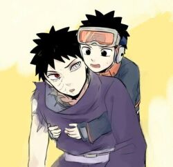:o aged_down aged_up black_eyes black_hair carrying child dual_persona goggles goggles_on_head gradient_background heterochromia looking_at_another naruto_(series) naruto_shippuuden piggyback purple_outfit rinnegan scar scar_on_face sharingan smile spiked_hair time_paradox torn_clothes torn_sleeves uchiha_obito yellow_background