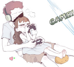  1boy 1girl anatomy_of_a_gamer_(meme) barefoot blush breasts brown_hair child_gf_(orenji) clothed_sex controller feet game_controller gamer_(orenji) highres holding holding_controller holding_game_controller implied_sex loli long_hair meme original pale_skin playing_games playstation_controller rodecchi shorts simple_background size_difference small_breasts soles toes  rating:Questionable score:205 user:danbooru