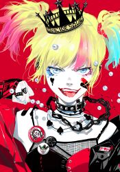  1girl amano_akira bandaid blonde_hair blue_hair chain choker clenched_hand crown dc_comics harley_quinn highres jewelry looking_at_viewer multicolored_clothes multicolored_hair necklace off-shoulder_jacket off_shoulder official_art pink_hair red_background ring short_twintails simple_background solo suicide_squad tongue tongue_out twintails upper_body 