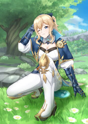  1girl @_@ absurdres blonde_hair blue_capelet blue_eyes blue_gloves blue_sky boots breasts capelet cleavage cloud commentary_request cross cross_earrings day earrings flower genshin_impact gloves grass high_heel_boots high_heels highres jean_(genshin_impact) jewelry leggings long_hair mizushida outdoors pants ponytail shirt sky slime_(genshin_impact) solo strapless strapless_shirt thighs tree white_flower white_footwear white_pants white_shirt 