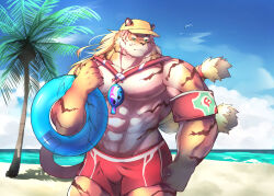  1boy abs absurdres arm_at_side armband bara beach bird closed_mouth furry furry_male green_eyes hat highres innertube instrument looking_to_the_side male_focus male_swimwear muscular muscular_male ocarina palm_tree pang_(sdorica) pectorals red_armband red_male_swimwear red_swim_trunks sdorica seagull shore solo summer swim_ring tiger_boy topless_male tree yed_(yedsilent) yellow_hat 