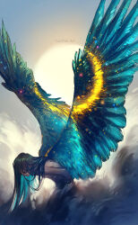  1boy artist_name bird_wings black_hair blue_hair blue_sky blue_wings closed_eyes cloud commentary completely_nude crescent_moon english_commentary feathered_wings hair_over_shoulder highres hunched_over long_hair male_focus moon multicolored_hair nude original sky solo spread_wings straight_hair sun two-tone_hair upper_body wings yuumei 