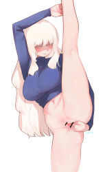1girl arm_up bar_censor blonde_hair blouse blue_shirt bottomless breasts censored closed_eyes closed_mouth colored_eyelashes commentary female_masturbation fisting highres kawaikochan large_breasts long_hair long_sleeves masturbation original purple_sweater pussy self_fisting shaded_face shirt simple_background solo split spread_legs standing standing_on_one_leg standing_split sweater very_long_hair white_background rating:Explicit score:93 user:danbooru