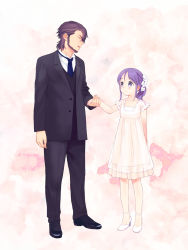  1boy 1girl age_difference bad_id bad_pixiv_id beard blue_eyes dress facial_hair family father_and_daughter flower formal higebu holding_hands inazuma_eleven inazuma_eleven_(series) kudou_fuyuka kudou_michiya long_hair purple_eyes purple_hair tuxedo  rating:Sensitive score:33 user:burnbell