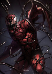  1boy absurdres alex_malveda arm_up artist_name carnage_(marvel) claws colored_skin commentary english_commentary grey_background highres looking_at_viewer male_focus marvel open_mouth outstretched_arm red_skin sharp_teeth simple_background solo spider-man_(series) standing symbiote teeth tentacles 