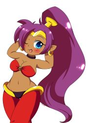  1girl arms_behind_head arms_up blue_eyes blush bra choker dark_skin earrings highres jewelry long_hair looking_at_viewer midriff navel pants pointy_ears pokumii ponytail purple_hair red_bra red_pants shantae shantae_(series) smile standing tiara tongue tongue_out transparent_background underwear wink  rating:Questionable score:4 user:cpee