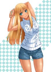  1girl aqua_eyes aqua_nails aran_sweater arm_behind_head bad_id bad_pixiv_id blonde_hair blush cable_knit chiro commentary_request cowboy_shot earrings jewelry long_hair nail_polish original revision ribbed_sweater short_shorts shorts simple_background sleeveless smile solo sweater sweater_vest tan white_sweater 