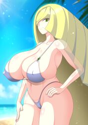  1girl alternate_hairstyle beach bikini blonde_hair blue_sky breast_focus breasts cleavage creatures_(company) female_focus game_freak green_eyes hair_over_one_eye hand_on_own_hip hand_on_thigh highleg highleg_bikini highres huge_breasts long_hair looking_at_viewer lusamine_(pokemon) mature_female micro_bikini nintendo pokemon pokemon_sm s.forest shiny_skin sky smile solo swimsuit thick_thighs thighs thong thong_bikini very_long_hair white_bikini wide_hips  rating:Explicit score:49 user:daft_human