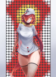 1girl absurdres baseball_cap blue_eyes breasts clothes_writing collarbone commentary english_text fishnet_thighhighs fishnets gluteal_fold hair_over_one_eye hat hat_writing head_tilt highres jiffic long_hair looking_at_viewer low_ponytail medium_breasts mouth_hold no_pants original panty_straps parted_lips pointy_ears red_hair see-through_silhouette shaea_(jiffic) shirt short_sleeves skindentation smile solo thigh_gap thighhighs thighs very_long_hair white_shirt rating:Questionable score:35 user:danbooru