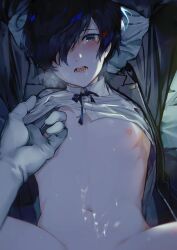  2boys absurdres arms_up bed_sheet blue_eyes blue_hair blush clothes_lift commentary_request cum cum_on_body dark_blue_hair gloves hair_over_one_eye highres looking_at_viewer lor_(roasyerizyonirapi) lying male_focus multiple_boys navel nipples on_back on_bed open_clothes open_mouth pale_skin persona persona_3 pov pov_hands saliva sex shirt_lift short_hair sidelighting solo_focus spread_legs steam tearing_up thanatos_(persona) upper_body white_gloves yaoi yuuki_makoto_(persona_3)  rating:Explicit score:23 user:danbooru