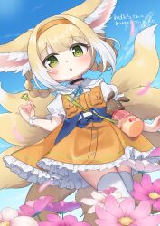  1girl :o animal_ears arknights blonde_hair blue_background blue_ribbon braid bubble_wand cloud collared_shirt commentary_request commission day dress flower fox_ears fox_girl fox_tail frilled_dress frills hair_rings highres holding kitsune kokone_(coconeeeco) kyuubi looking_at_viewer multicolored_hair multiple_tails neck_ribbon orange_dress outdoors parted_lips pink_flower puffy_short_sleeves puffy_sleeves ribbon shirt short_sleeves sidelocks skeb_commission skindentation sleeveless sleeveless_dress solo standing stuffed_animal stuffed_rabbit stuffed_toy suzuran_(arknights) suzuran_(let&#039;s_carnival!)_(arknights) tail thighhighs translated twin_braids two-tone_hair white_flower white_hair white_shirt white_thighhighs 