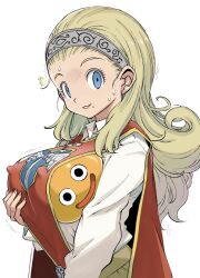  1girl blonde_hair blue_eyes character_request collared_shirt commentary_request dragon_quest eyelashes gold_trim grey_hairband hairband long_hair looking_at_viewer mole mole_under_mouth muramasa_mikado parted_lips raised_eyebrows shirt simple_background slime_(dragon_quest) smile solo standing sweat upper_body white_background white_shirt 