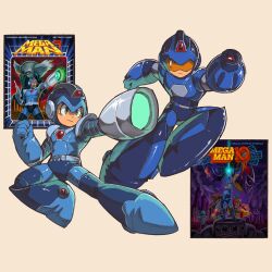  2boys adapted_costume arm_cannon armor assault_visor blue_armor blue_bodysuit blue_footwear blue_helmet bodysuit boots chest_jewel clenched_hand commentary english_commentary forehead_jewel helmet highres mega_buster mega_man_(character) mega_man_(classic) mega_man_(series) mega_man_10 mega_man_9 multiple_boys multiple_views orange-tinted_eyewear outstretched_arm powering_up serious souldroids tinted_eyewear weapon 