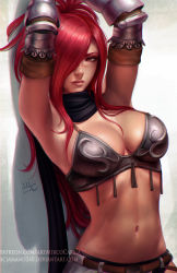 1girl armor armpits arms_up belt breasts cleavage erza_knightwalker fairy_tail gauntlets hair_over_one_eye highres long_hair looking_at_viewer medium_breasts navel realistic red_eyes red_hair scar scarf sciamano240 solo tan rating:Sensitive score:97 user:danbooru