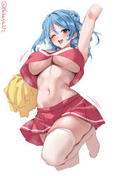  1girl arm_up artist_name blue_eyes blue_hair blush braid braided_bun breasts cheerleader cropped_legs double_bun ebifurya floating_hair hair_between_eyes hair_bun heavy_breathing highres holding holding_pom_poms kantai_collection large_breasts looking_at_viewer medium_hair motion_lines navel no_shoes one-hour_drawing_challenge one_eye_closed open_mouth pleated_skirt pom_pom_(cheerleading) pom_poms red_shirt red_skirt shirt sidelocks simple_background skirt sleeveless sleeveless_shirt solo standing standing_on_one_leg steaming_body sweat teeth thighhighs thighs twitter_username underboob upper_teeth_only urakaze_(kancolle) white_background white_thighhighs wide_hips 