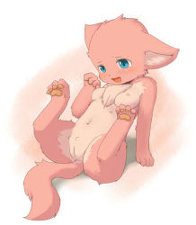  1girl animal_ears animal_hands barefoot blue_eyes blush breasts feet furry furry_female ka_(pixiv341010) kagerofu nude open_mouth pawpads pink_hair pussy soles solo tail uncensored 