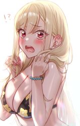  !? 1girl absurdres bikini black_bikini blonde_hair blush bracelet breasts cleavage commentary_request ear_piercing earrings embarrassed fingernails floral_print from_side hands_up highres jewelry kitagawa_marin large_breasts long_hair looking_at_viewer open_mouth pearl_bracelet piercing pink_nails red_eyes ring simple_background solo sono_bisque_doll_wa_koi_wo_suru surprised swimsuit teeth upper_body white_background yayoi_maka 