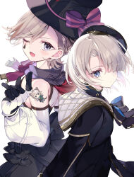  2boys 52hz_mayday absurdres back_bow bare_back bare_shoulders beret black_bow black_bowtie black_cape black_corset black_gloves black_hat black_jacket blue_eyes blush bow bowtie braid brothers cape character_charm charm_(object) closed_mouth corset detached_sleeves freckles freminet_(genshin_impact) frills genshin_impact gloves gold_trim grey_hair hair_between_eyes hair_over_one_eye hand_up hat hat_bow highres jacket light_brown_hair long_sleeves looking_at_viewer lynette_(genshin_impact) lyney_(genshin_impact) male_focus multicolored_hair multiple_boys one_eye_closed open_mouth puffy_detached_sleeves puffy_long_sleeves puffy_sleeves purple_bow purple_bowtie purple_eyes red_hair sailor_collar shirt short_hair siblings simple_background sleeveless sleeveless_shirt smile standing streaked_hair striped_bow teardrop_facial_mark tongue top_hat two-tone_gloves v-shaped_eyebrows white_background white_gloves white_shirt 