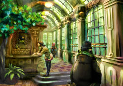 1girl bad_id bad_pixiv_id bag boots bow bowtie brown_hair checkered_floor coz_(commit) fantasy frog handbag hat indoors leaning_forward long_hair original plant potted_plant school_uniform skirt surreal sweater thighhighs window witch_hat zettai_ryouiki rating:Sensitive score:19 user:danbooru