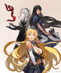 3girls ahoge black_hair black_scrunchie blonde_hair blue_dress blue_eyes breasts brown_eyes character_request chinese_commentary cleavage commentary_request dress elbow_gloves fingerless_gloves front-tie_top gauntlets gloves grey_hair hat unworn_hat headgear unworn_headwear high_ponytail highres historical_name_connection holding holding_clothes holding_hat iowa_(kancolle) iowa_(pacific) jeanex kantai_collection large_breasts long_hair looking_at_viewer midriff mole mole_under_eye multiple_girls name_connection navel pacific_(kancolle) puffy_short_sleeves puffy_sleeves red_eyes red_ribbon ribbon sailor_dress scrunchie short_sleeves smile star-shaped_pupils star_(symbol) symbol-shaped_pupils weibo_logo weibo_username