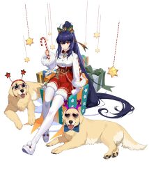  1girl absurdly_long_hair ahoge animal_ears animal_hands aqua_ribbon artist_request bell belt belt_buckle blade_(final_gear) blue_hair blunt_bangs boots box brown_belt buckle candy candy_cane christmas closed_mouth collar dark_blue_hair detached_collar dog_ears dog_nose dog_tail dress_shirt fake_antlers final_gear food full_body gift gift_box gold_buckle golden_retriever green_ribbon hair_ribbon hand_on_box heart heart-shaped_eyewear highres holding holding_candy holding_candy_cane holding_food horizontal-striped_eyewear horizontal-striped_skirt jingle_bell knees light_blush long_hair long_sideburns lower_teeth_only lying mistletoe official_art on_box on_ground open_mouth orange_ribbon pink-framed_eyewear pom_pom_(clothes) puffy-trimmed_collar puffy-trimmed_footwear puffy_wrist_cuffs red_collar red_eyes red_skirt ribbon shirt shuriken_print sideburns sidelocks simple_background sitting sitting_on_box skirt smile snow solo star-shaped_eyewear star_(symbol) star_ornament star_print striped_eyewear sunglasses tachi-e tail teeth thigh_boots third-party_source tongue transparent_background tree_ornament two-tone_ribbon two-tone_skirt two-tone_sleeves vertical-striped_ribbon very_long_hair white_footwear white_pom_poms white_ribbon white_wrist_cuffs wide_sleeves wrist_cuffs yellow_ribbon 